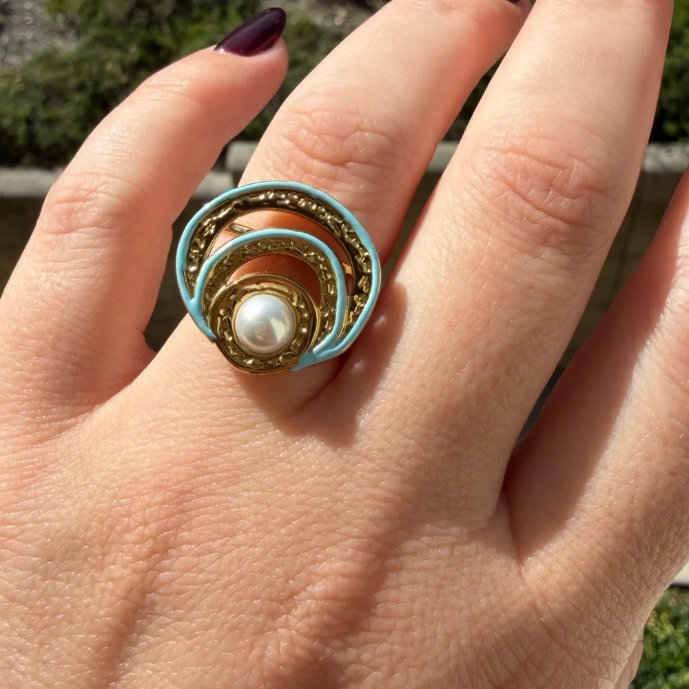 Blue Spiral Ring with Pearl Accent